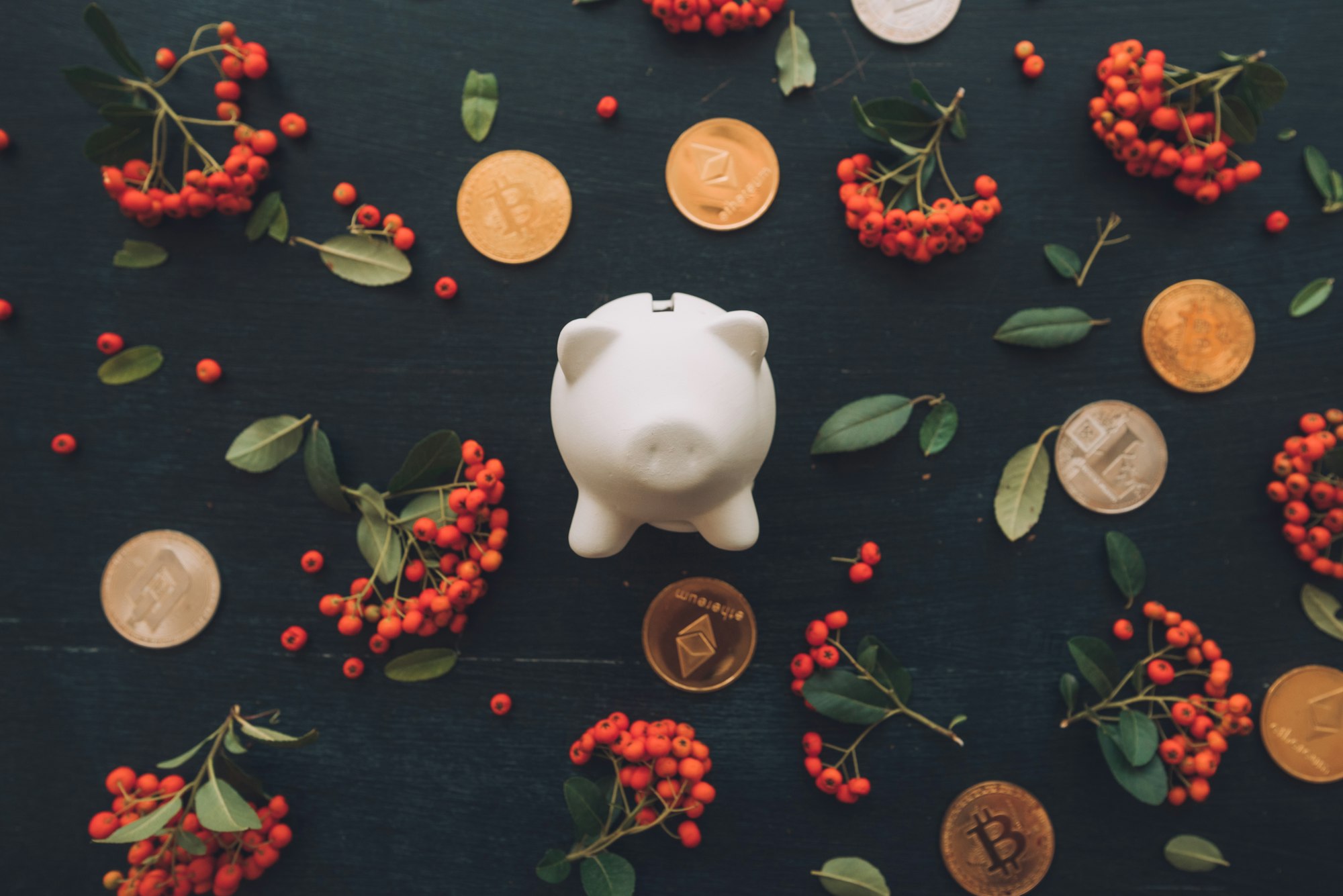 Flat lay piggy coin bank and cryptocurrency coins